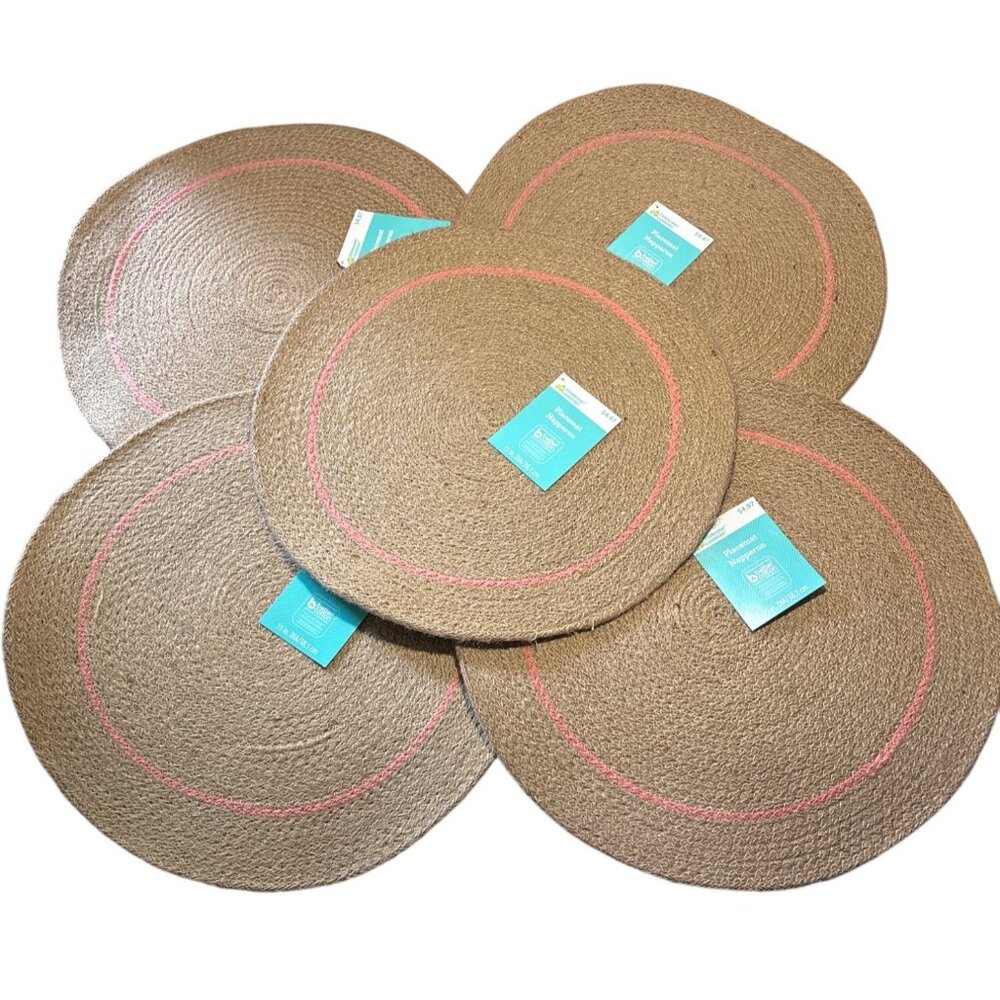 Round Jute & Cotton Placemats 15" Diameter Lobster Bisque Coral Accent Set Of 5